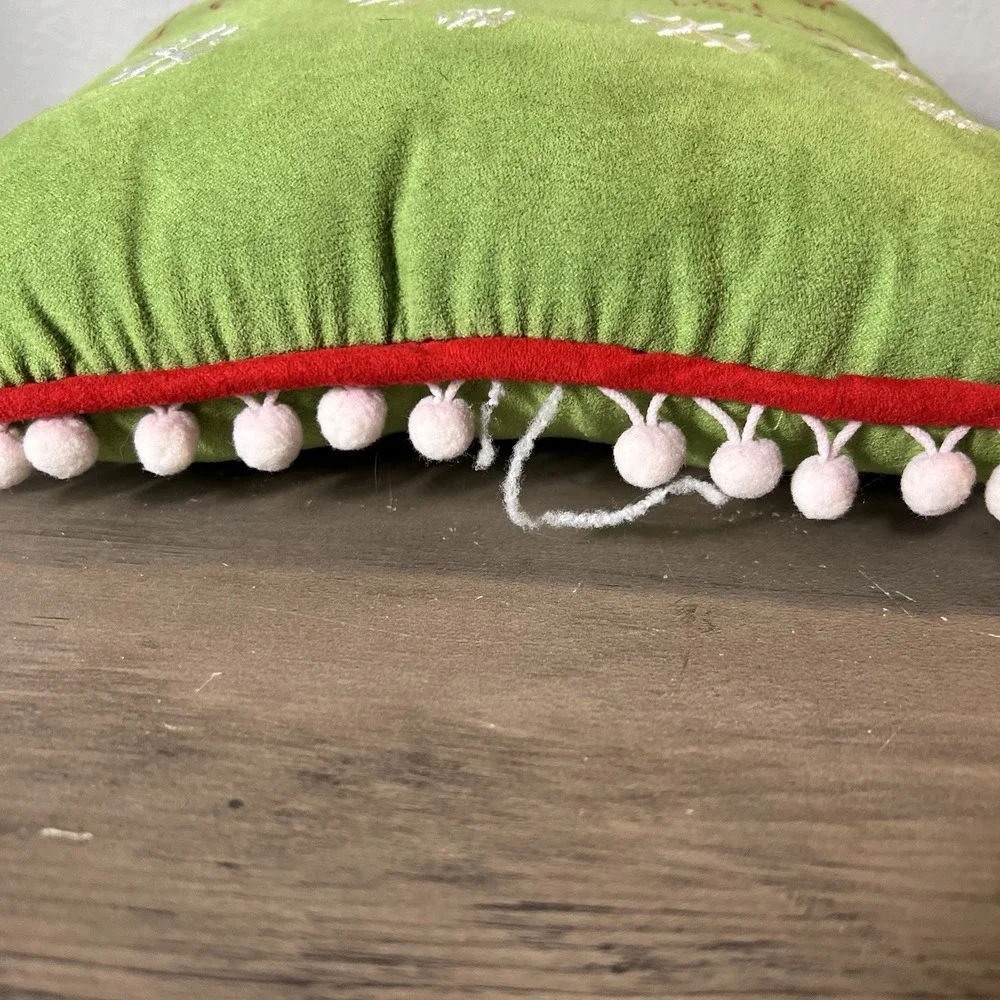 Vintage Christmas Dear Santa I Can Explain Pillow‎ Green Red Pom Pom 10x10 *FLAW